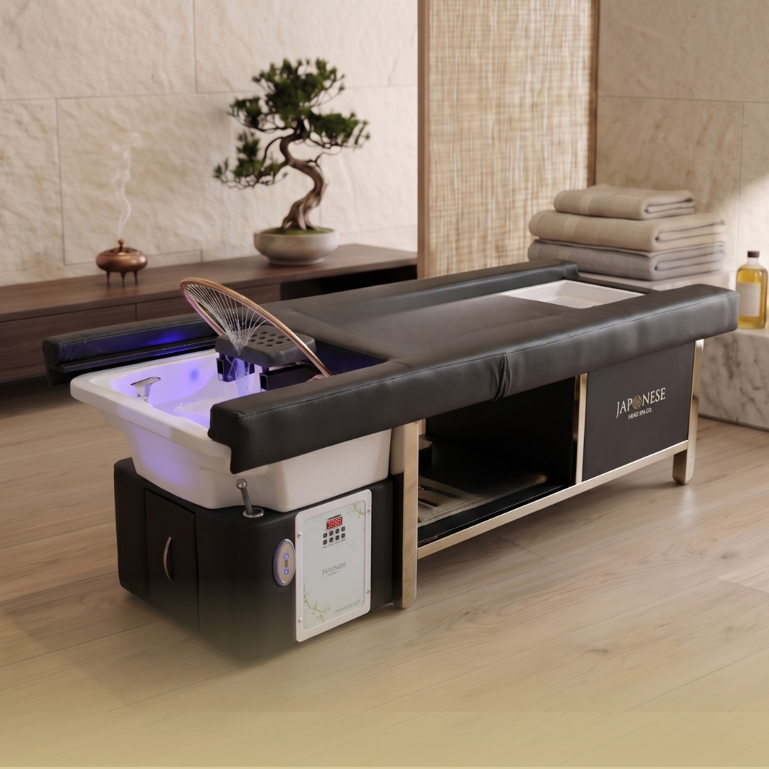 Japanese Head Spa Black Full Bed with Foot Spa Plumbed - with Electric Back Rest (inc. Steamer, Steamer Hood & 2 x Water Heater)