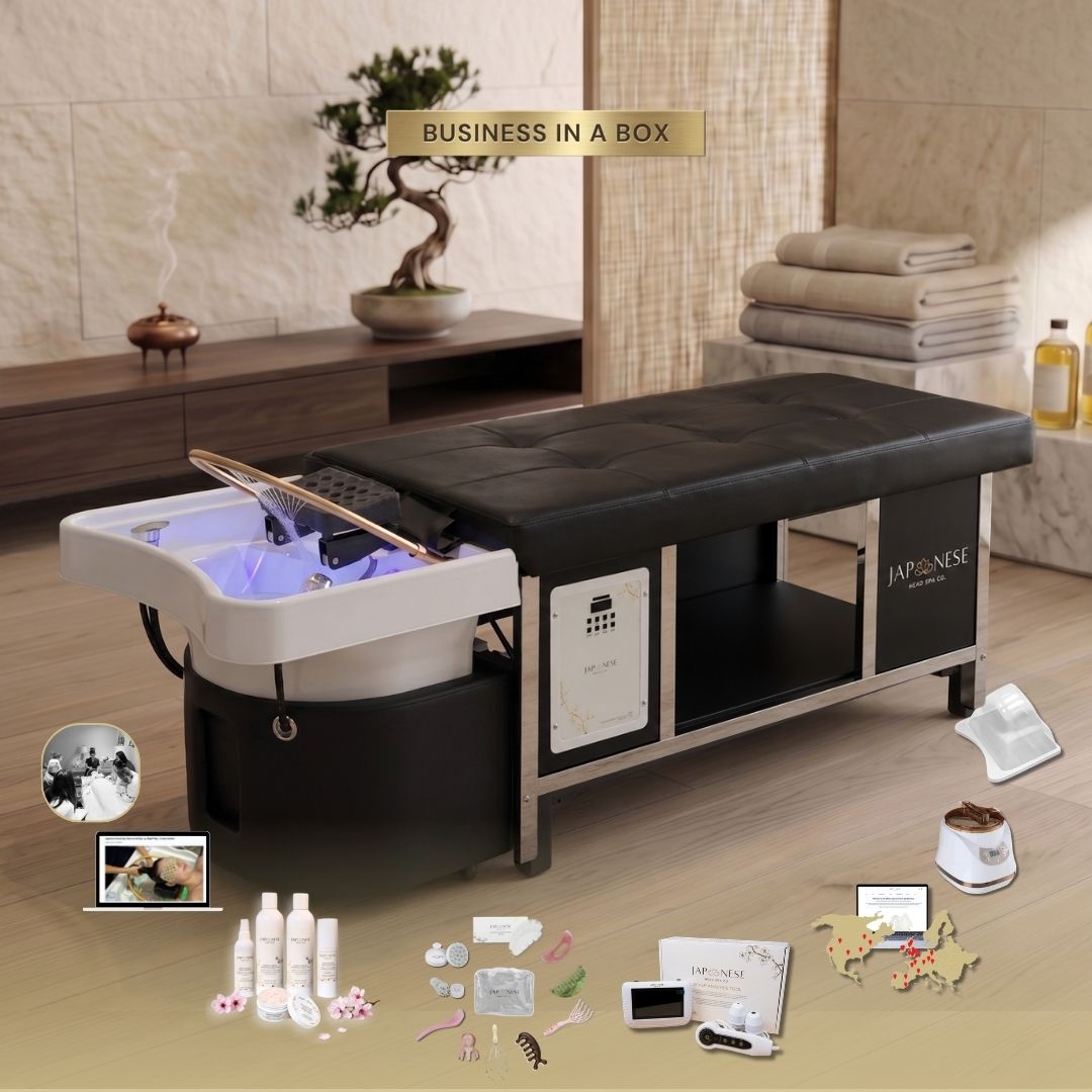 BUSINESS IN A BOX: Black Plumbed Chrome Frame Japanese Head Spa Full Bed Unit Package