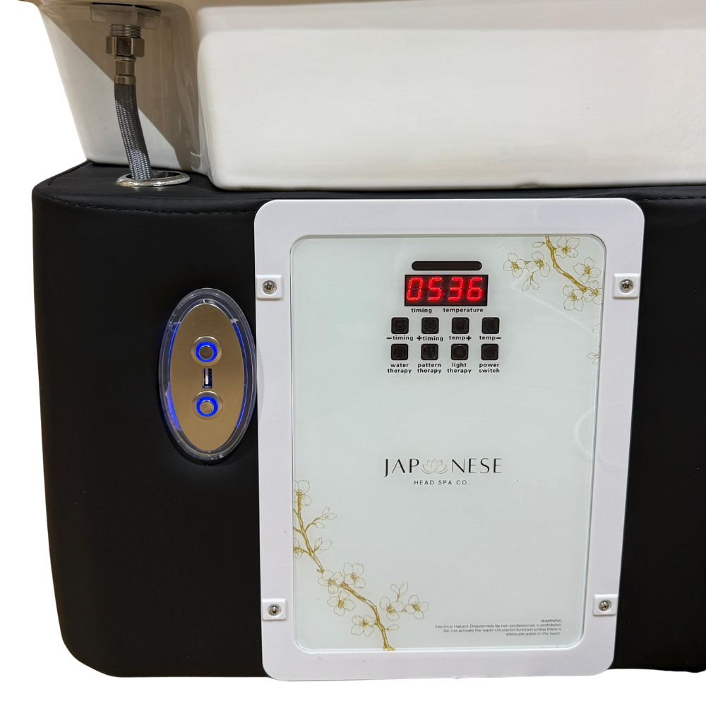 Japanese Head Spa Black Full Bed with Foot Spa Plumbed - with Electric Back Rest (inc. Steamer, Steamer Hood & 2 x Water Heater)