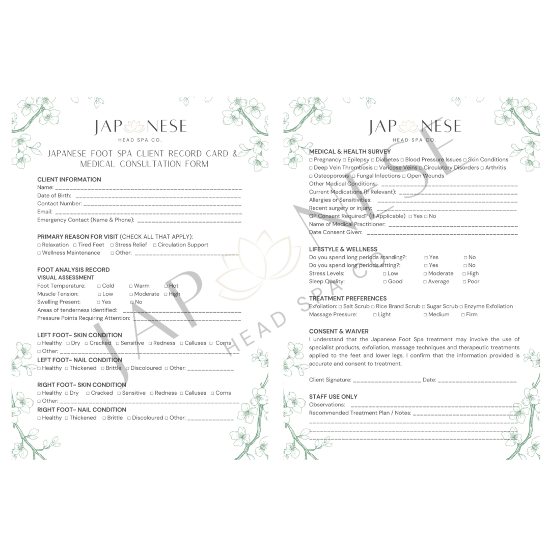 Japanese Foot Spa Client Consultation Form -Pack of 25 Sheets