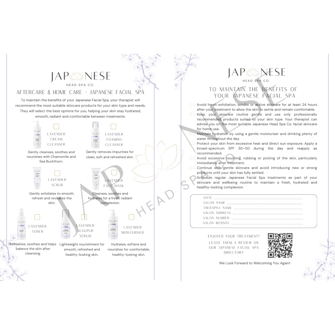 Japanese Facial Spa Aftercare Leaflet –Pack of 25 Sheets