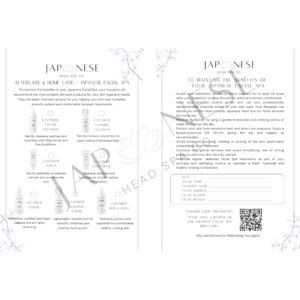 Japanese Facial Spa Aftercare Leaflet –Pack of 25 Sheets