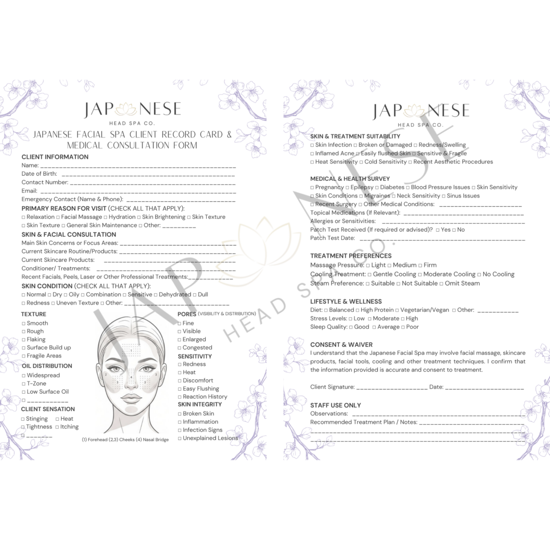 Japanese Facial Spa Client Consultation Form –Pack of 25 Sheets