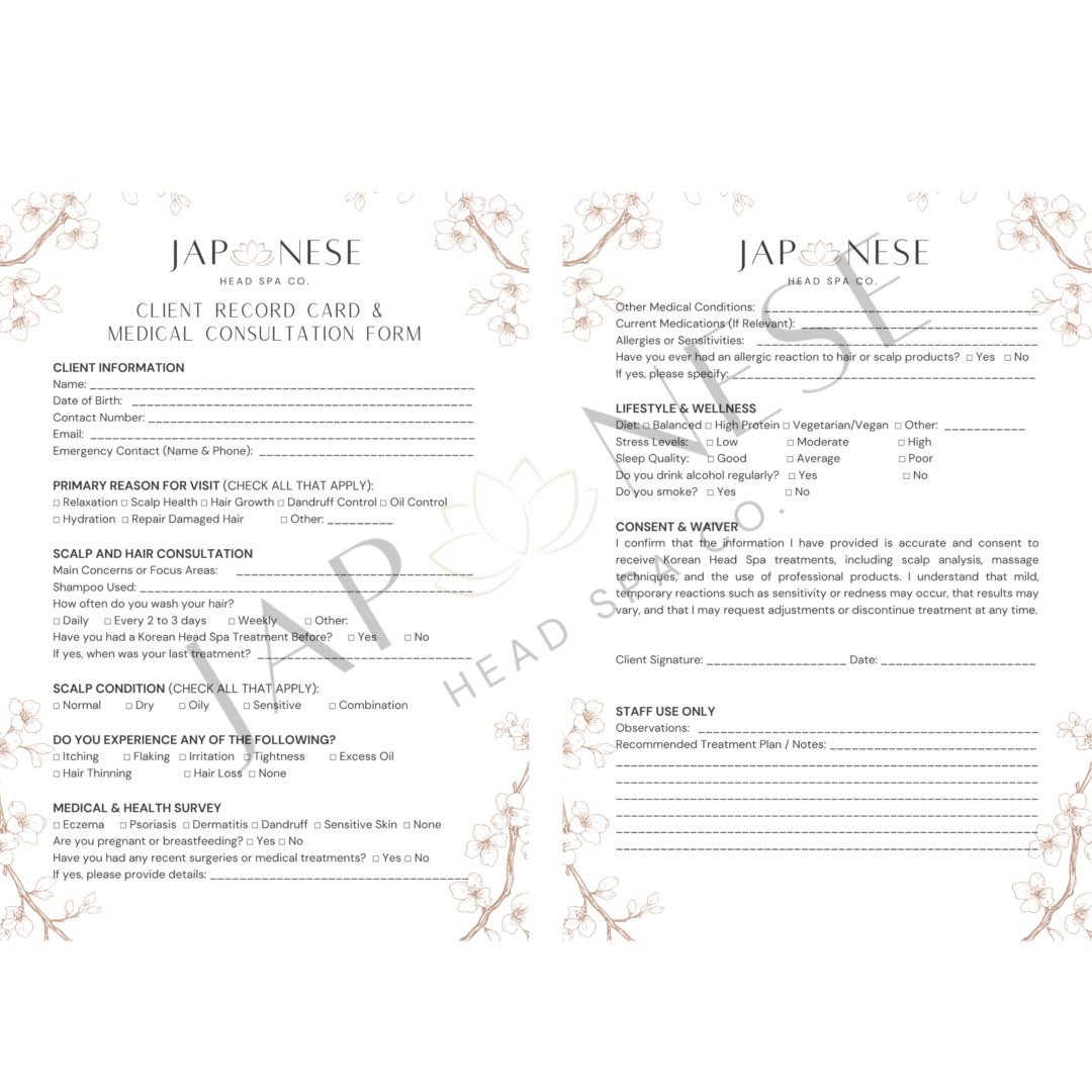 korean head spa client record Korean Head Spa Client Consultation Form -Pack of 25 Sheets