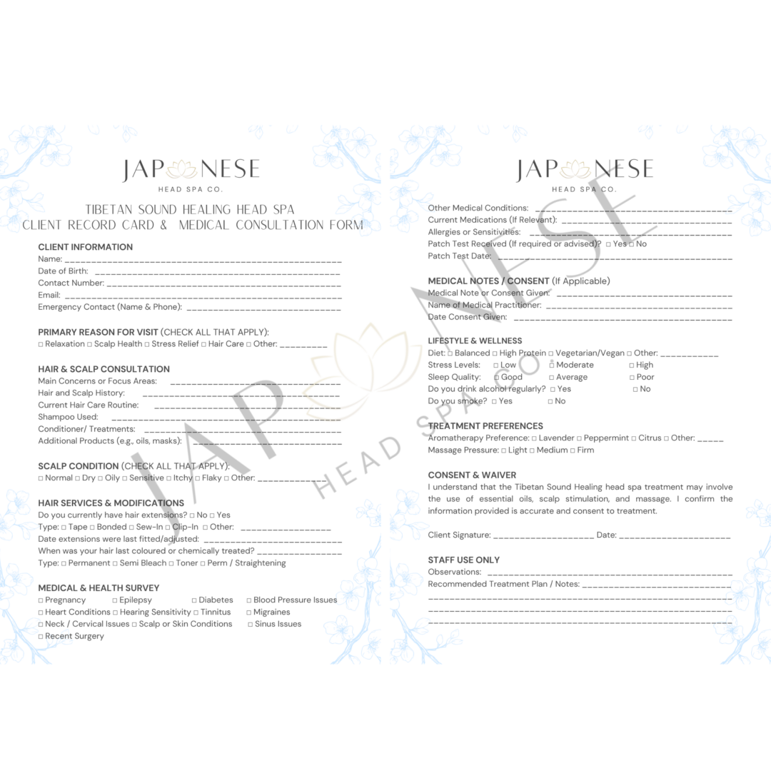 tibetan head spa client record card Tibetan Sound Healing Head Spa Client Consultation Form -Pack of 25 Sheets