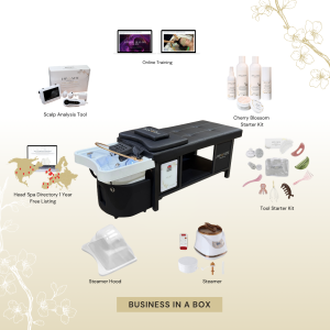 BUSINESS IN A BOX: Black Plumbed Japanese Head Spa Full Bed Unit with Online Training Package