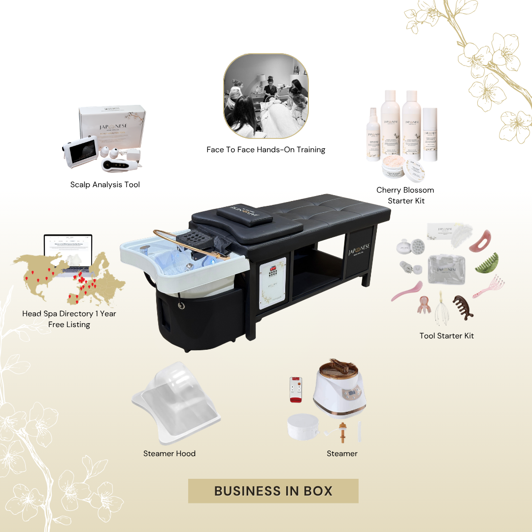 12 BUSINESS IN A BOX: Black Plumbed Japanese Head Spa Full Bed Unit with Face-To-Face Training Package