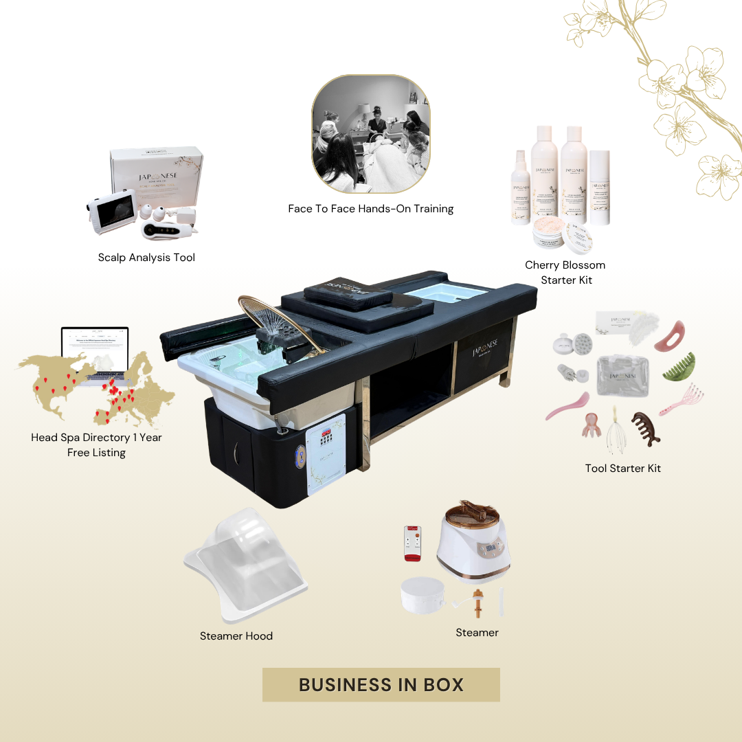 BUSINESS IN A BOX: Black Plumbed Japanese Head Spa Full Bed Unit with Foot Spa & Face-To-Face Training Package