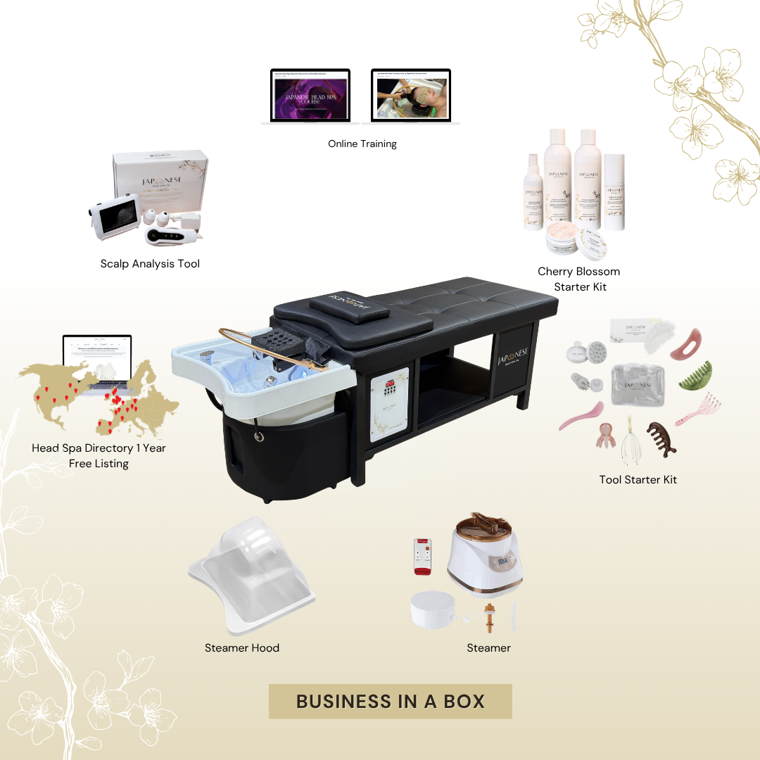 BUSINESS IN A BOX: Black Plumbed Japanese Head Spa Full Bed Unit with Online Training Package