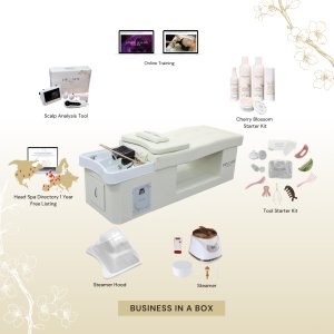 BUSINESS IN A BOX: Cream Plumbed Japanese Head Spa Full Bed Unit with Online Training Package