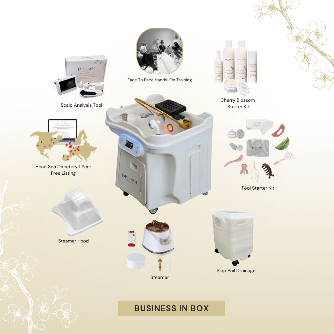 BUSINESS IN A BOX: White Portable Japanese Head Spa Unit with Mobile Wastewater Tank & Face-To-Face Training Package