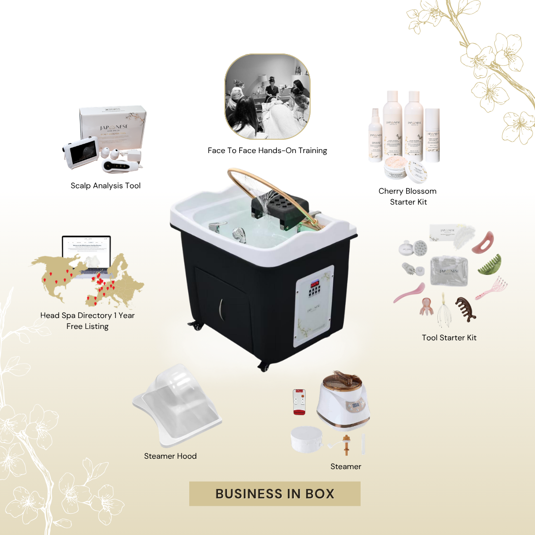 9 BUSINESS IN A BOX: Black Rectangle Plumbed Japanese Head Spa Unit with Face-To-Face Training Package
