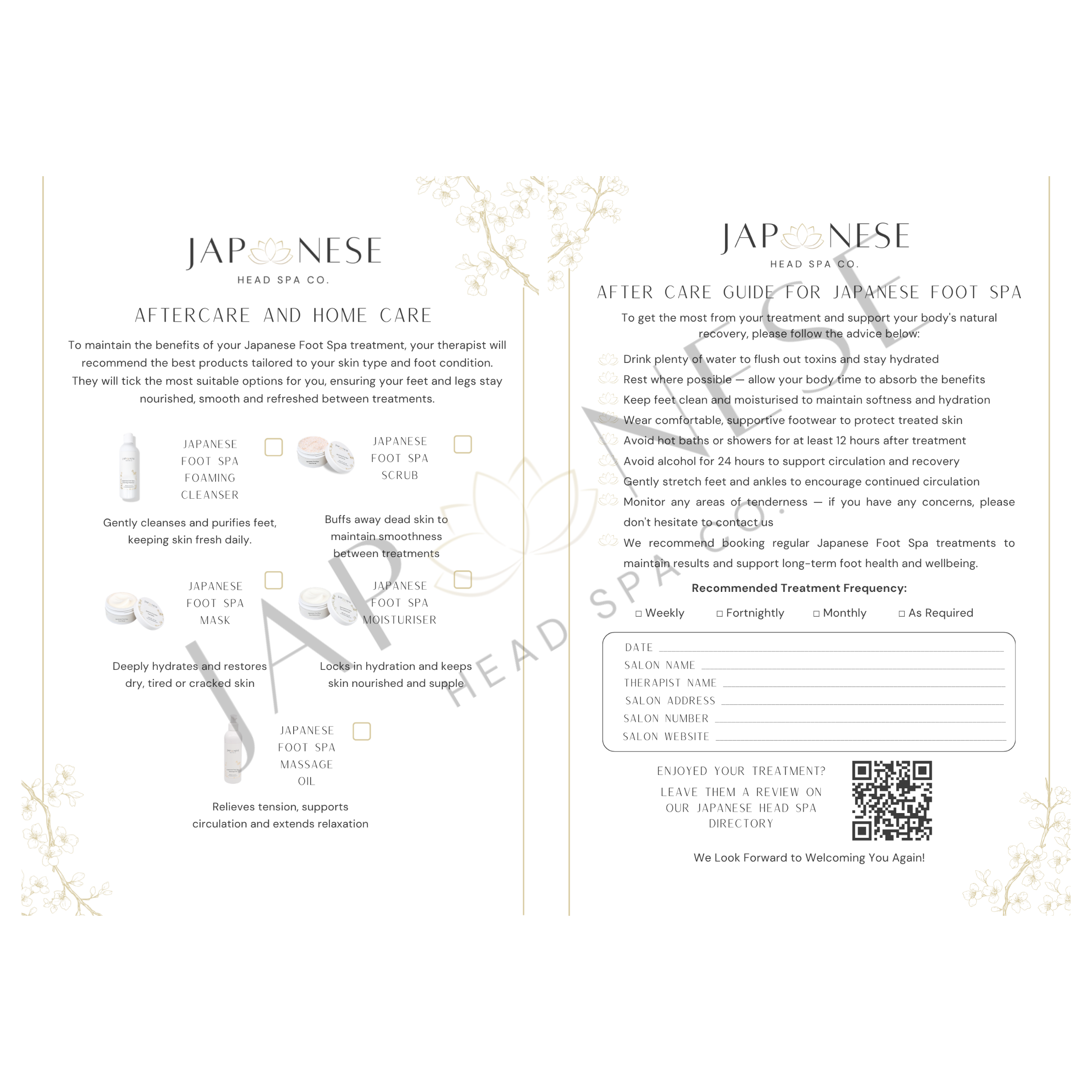 Japanese Foot Spa Aftercare Leaflet