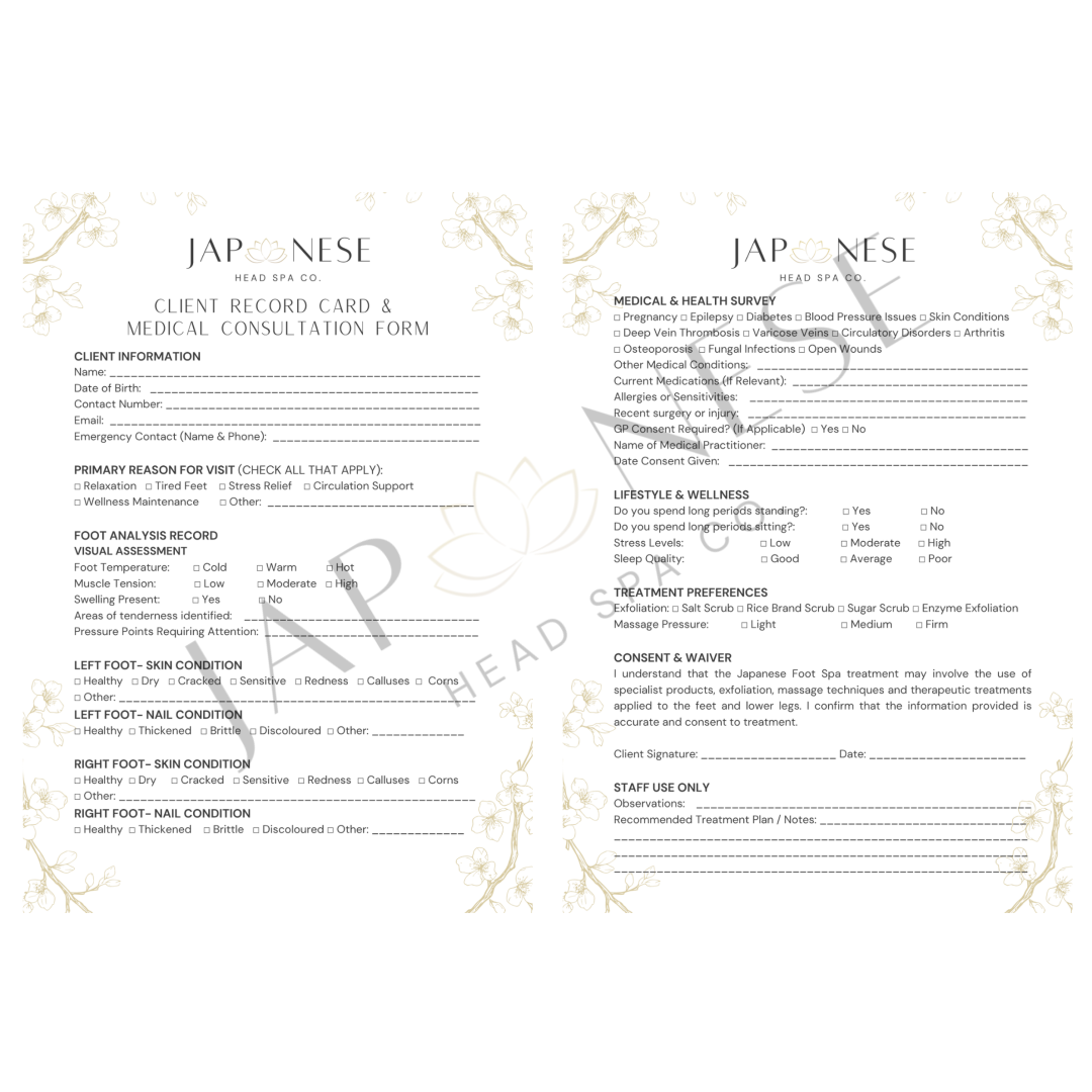 japanese Foot Spa Client Consultation Form japanese foot spa