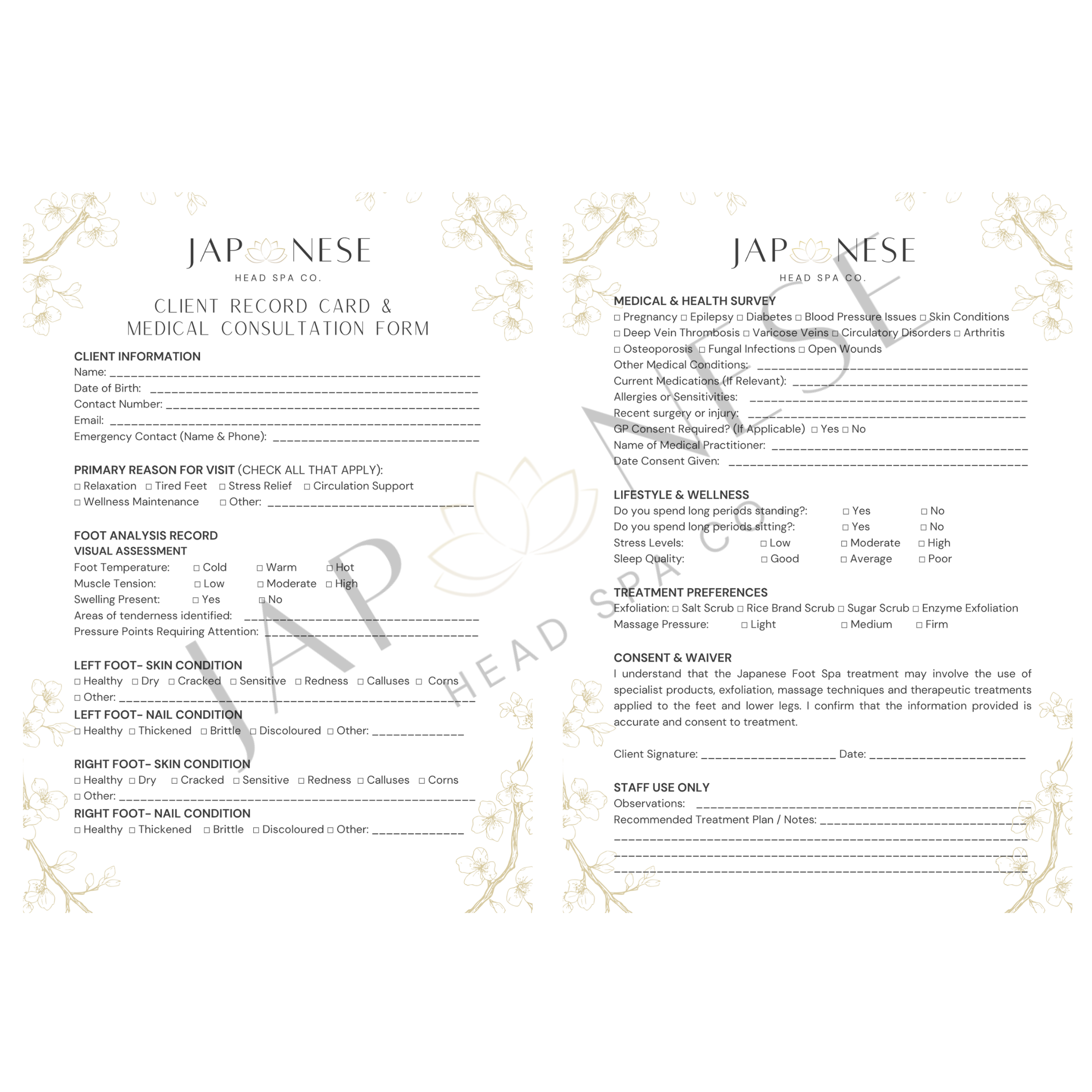 Japanese Foot Spa Client Consultation Form