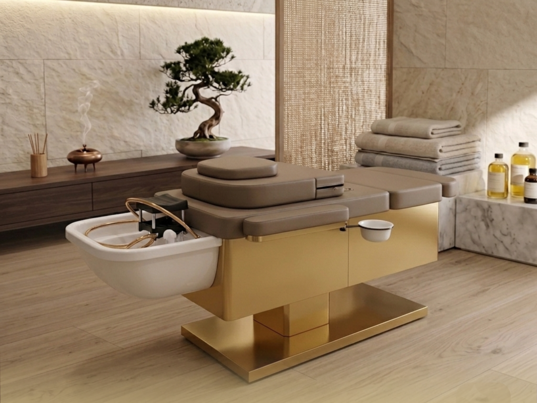 BUSINESS IN A BOX: Japanese Head Spa Fawn Full Bed with integrated Foot Spa  **HEIGHT ADJUSTABLE** with Electric Back Rest – PLUMBED