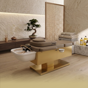 new spa bed image INTRODUCTORY OFFER - Japanese Head Spa Fawn Full Bed with Foot Spa - **HEIGHT ADJUSTABLE** with Electric Back & Foot Rest (Plumbed) (inc. Steamer, Steamer Hood & 2 x Water Heater)