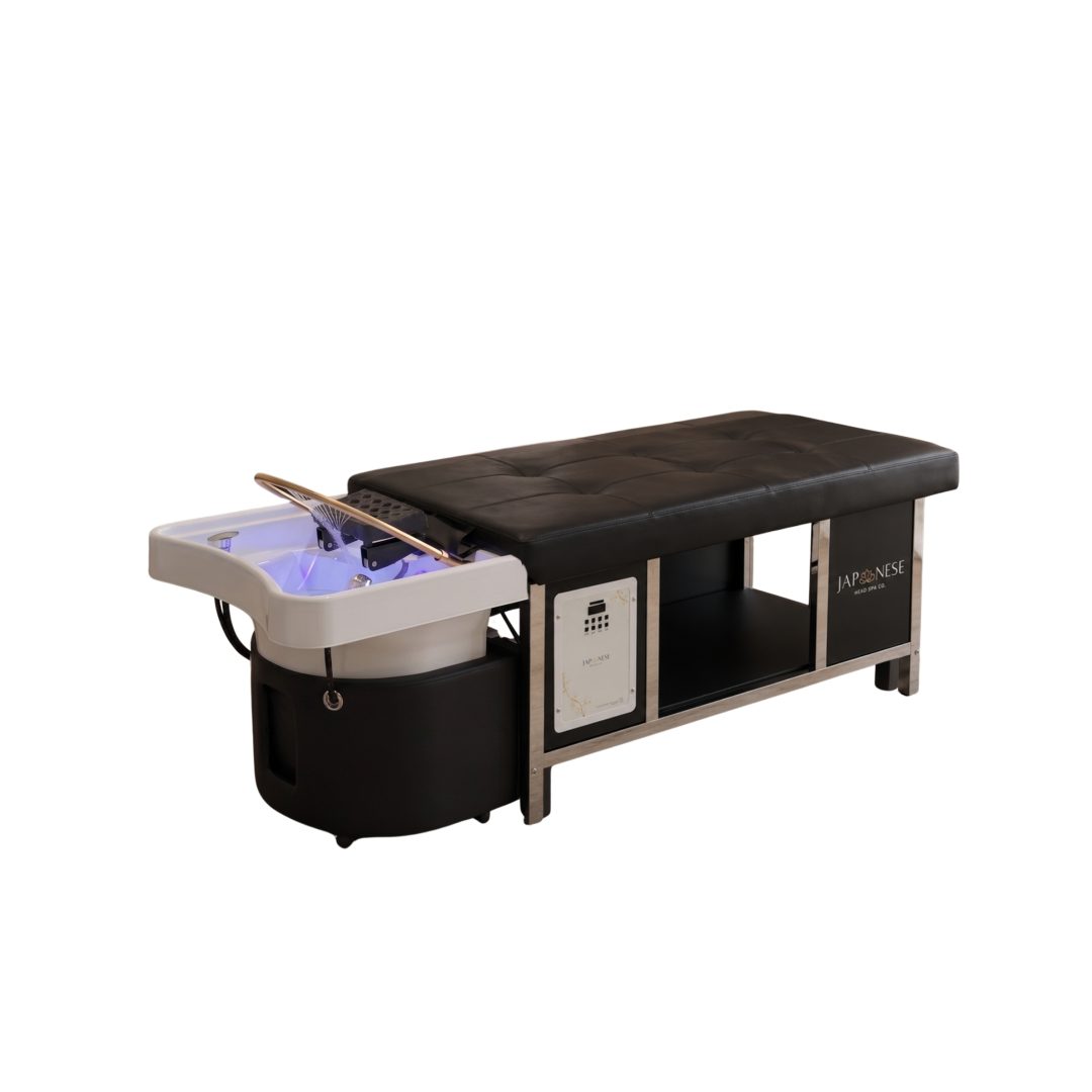 HYBRID CHROME FRAME TWO Japanese Head Spa Black With Chrome Frame Full Bed Hybrid Unit Plumbed (inc. Steamer, Steamer Hood & Water Heater)