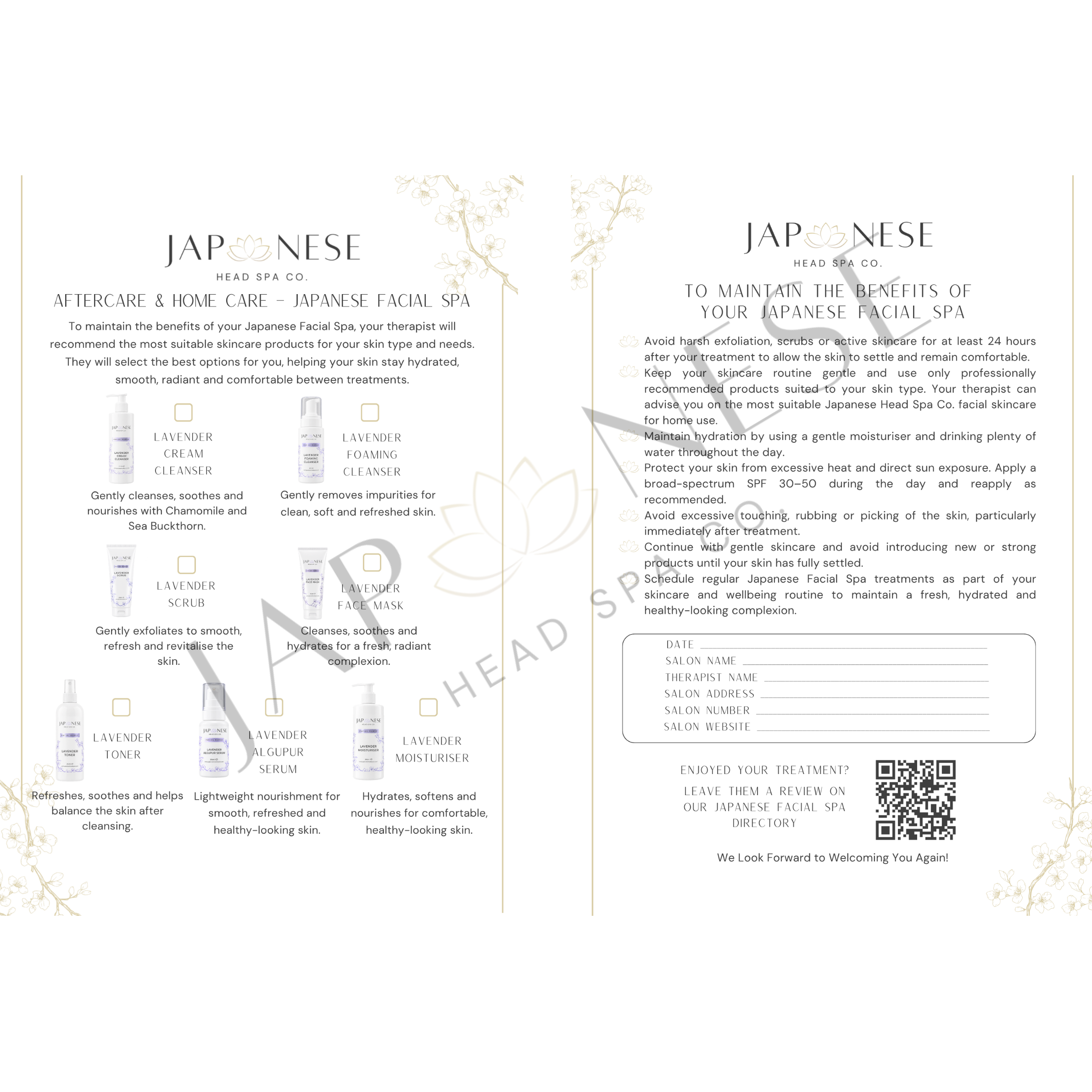 Japanese Facial Spa Aftercare Leaflet – 25 Packs