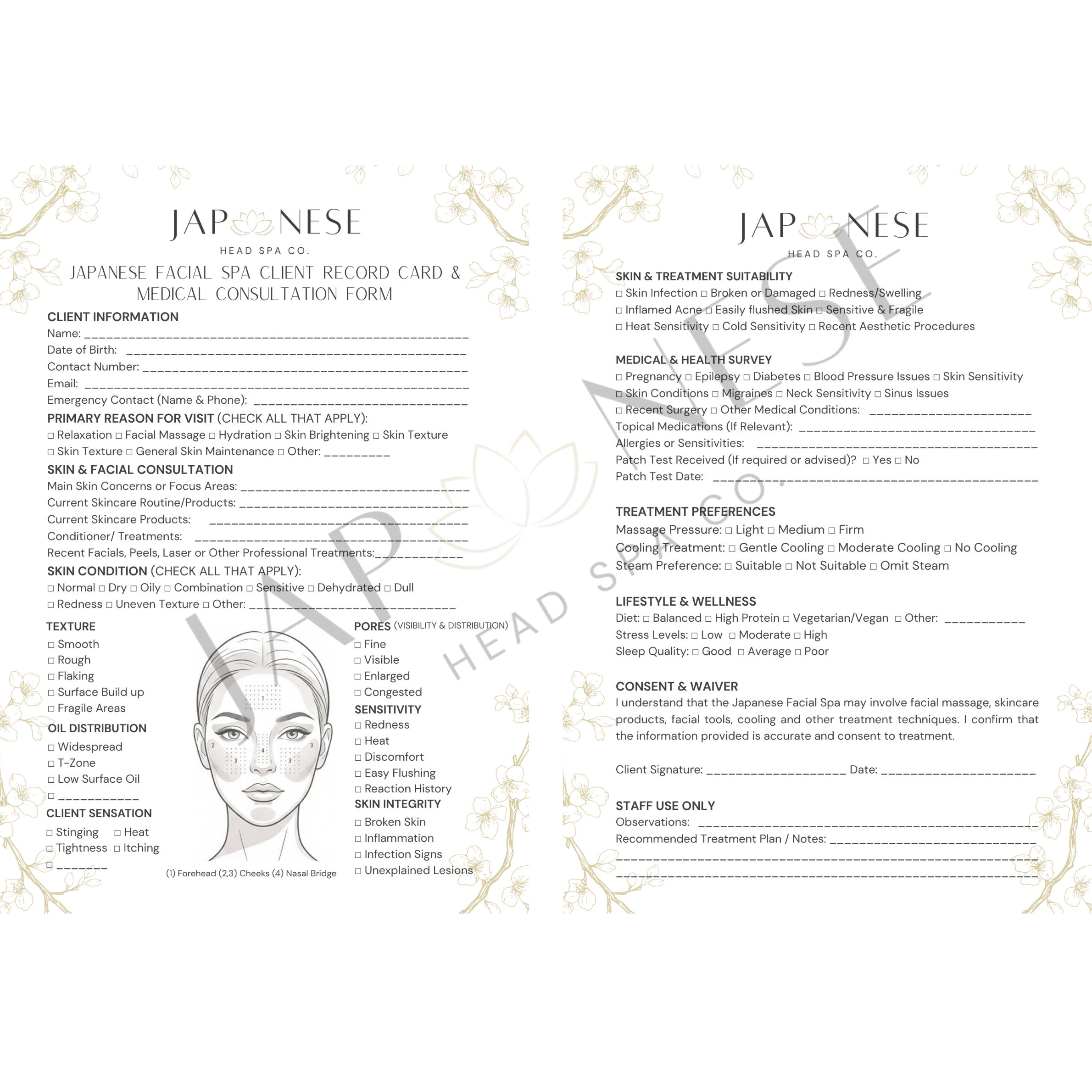 Japanese Facial Spa Client Consultation Form – 25 Packs