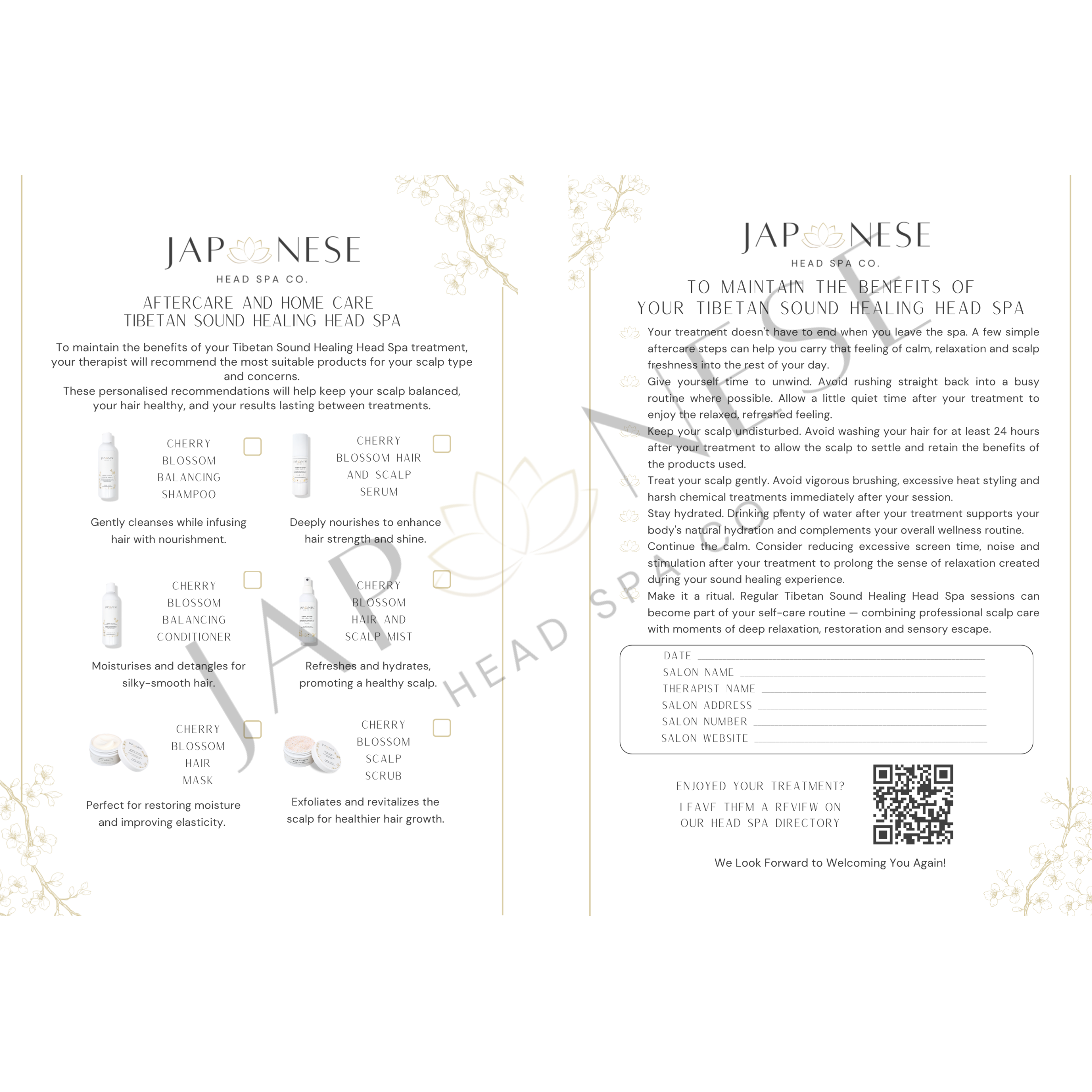 Tibetan Sound Healing Head Spa Aftercare Leaflet – 25 Packs
