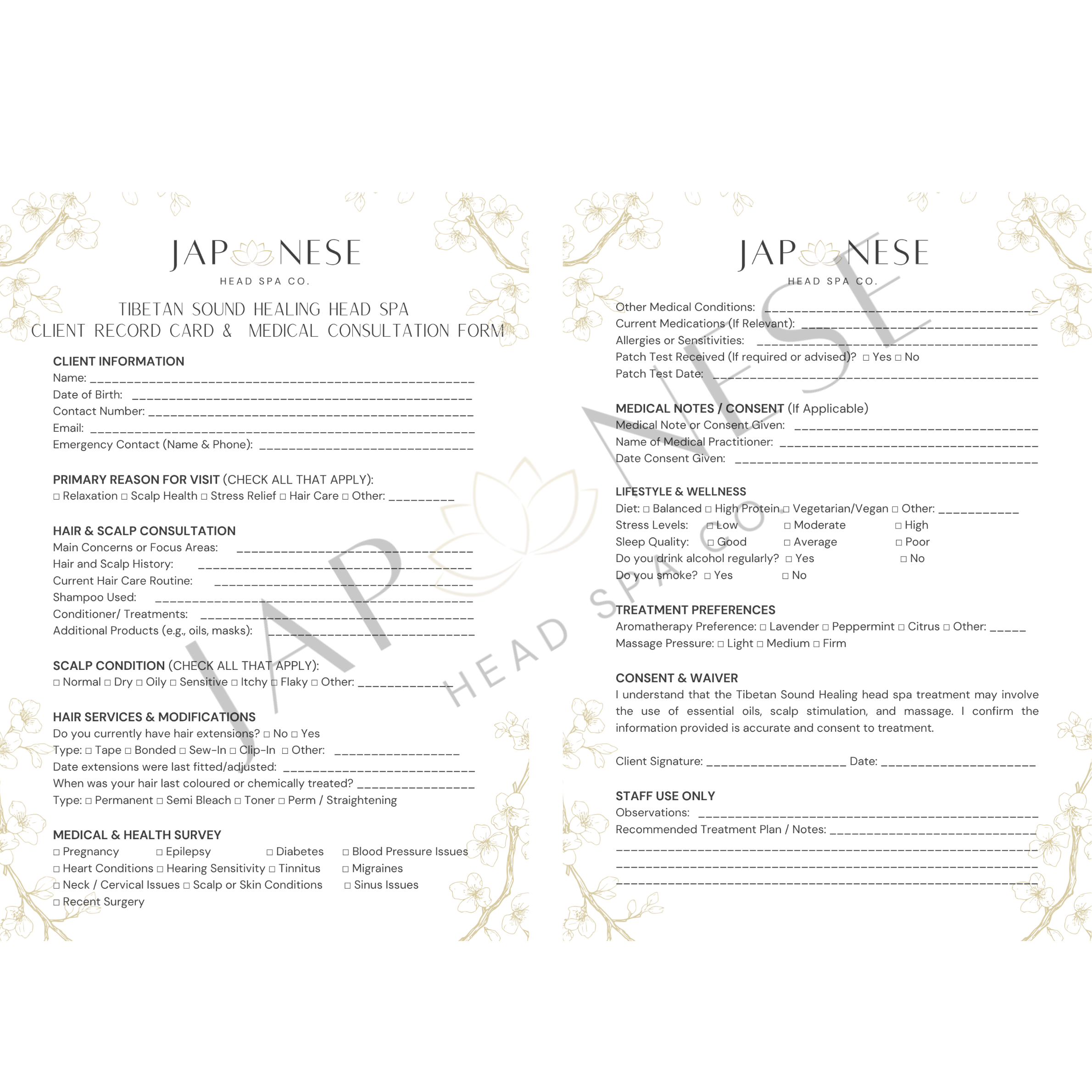 Tibetan Sound Healing Head Spa Client Consultation Form – 25 Packs
