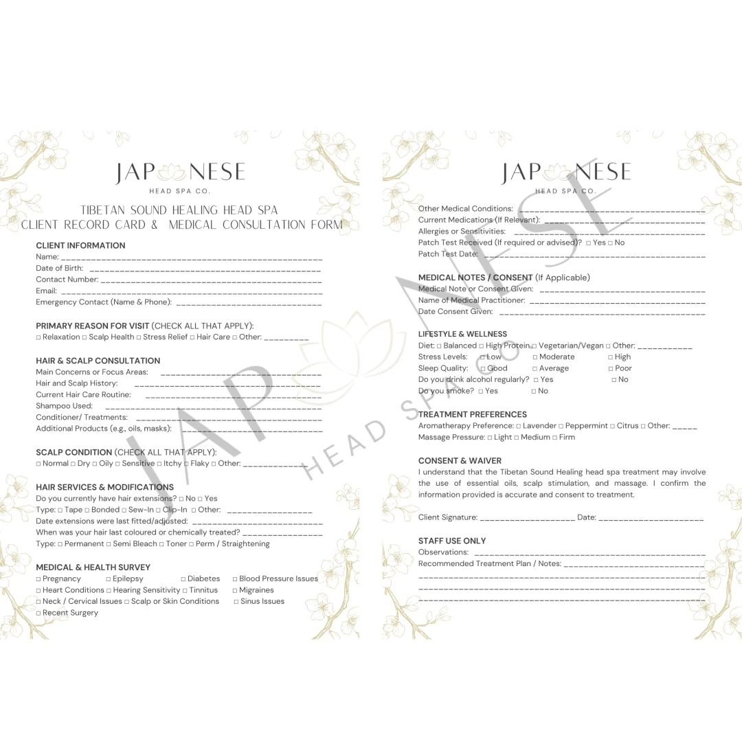 Tibetan Sound Healing Head Spa Client Consultation Form – 25 Packs