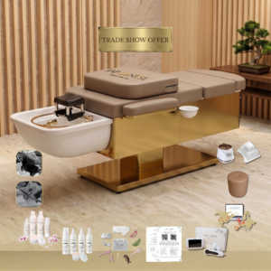 Japanese Head Spa Fawn Full Bed with Foot Spa – **HEIGHT ADJUSTABLE** with Electric Back & Foot Rest Plumbed with Accredited Training | Show Offer